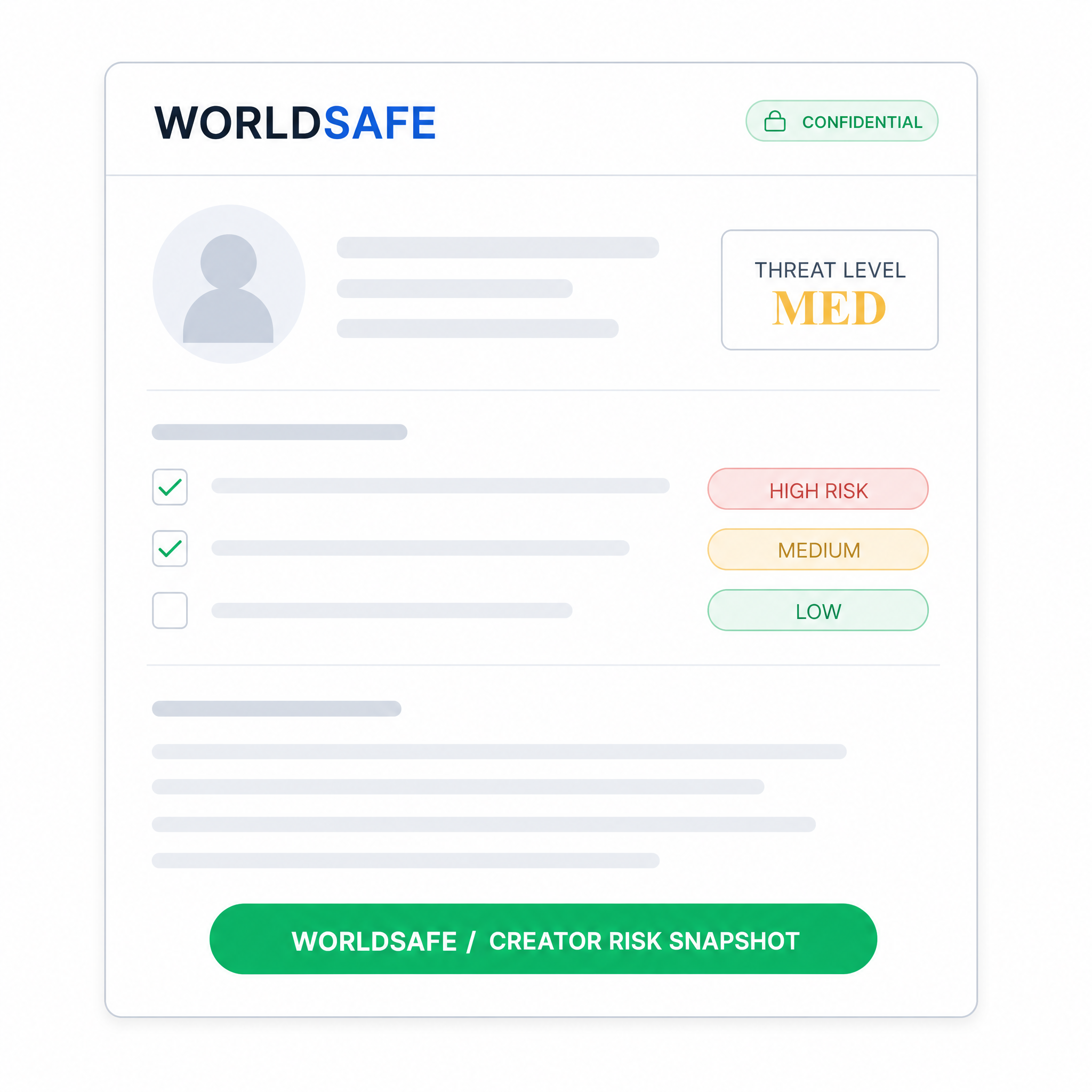 A WorldSafe Executive & Creator Risk Snapshot report marked Confidential, showing a subject profile with a medium threat level and findings ranked high, medium, and low risk.